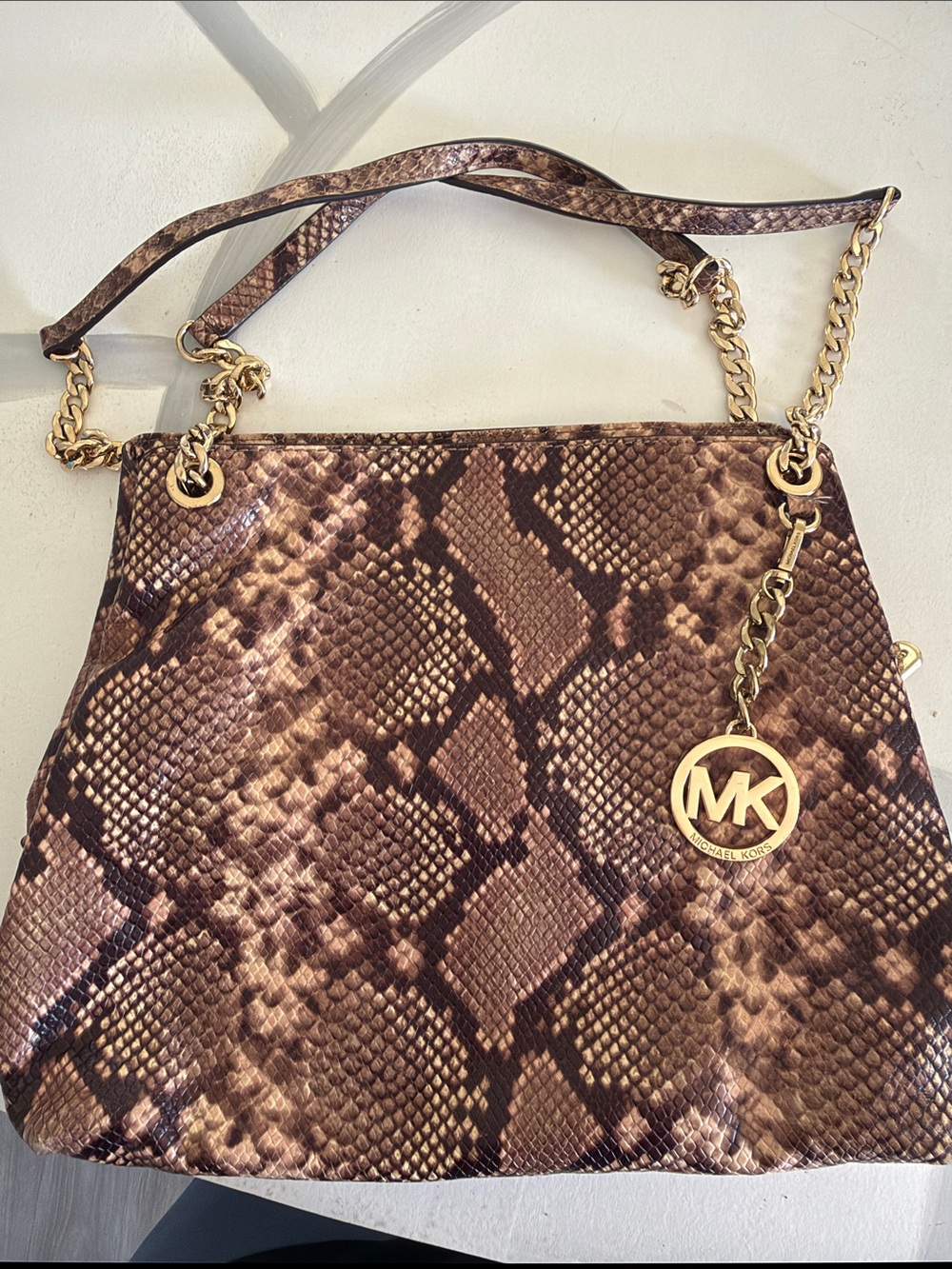 Michael Kors Brown Snake-Print Chain Shoulder Bag with Gold Hardware